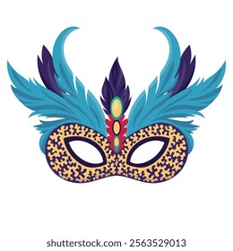 Venice mask with plumage. Mardi gras holiday feather masque. Brazil masquerade party face disguise accessory capturing spirit of celebration and intrigue at masquerade ball or carnival event. Vector