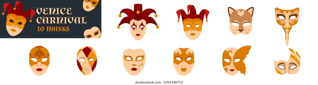 Venice mask set. Venice Carnival mask vector. Mardi gras.