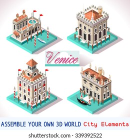 Venice Palace Tiles for Online Strategic Game Insight and Development. Vector Isometric Flat 3D Venice Buildings. Android video Game Antique Venetian Building Icon Set Collection