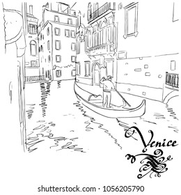 venice, panorama with canal and gondolier on gondola, vector illustration lines
