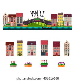 Venice panorama. The Grand Canal. Rialto Bridge. Venice skyline. Sights of Italy. Rialto Bridge Canals. Gondola. Landmark architecture. Sights of Venice. Vector illustration.