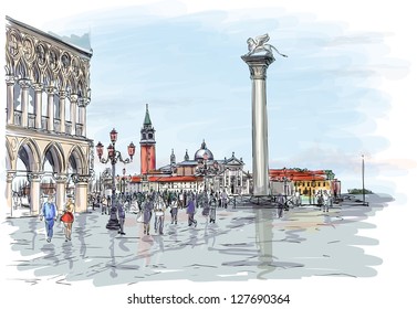 Venice. Piazza San Marco. Doge's Palace and the view of the island of San Giorgio Maggiore. Vector drawing. Eps10