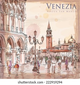 Venice. Piazza San Marco. Doge's Palace & the view of the island of San Giorgio Maggiore. Vector drawing. Eps10