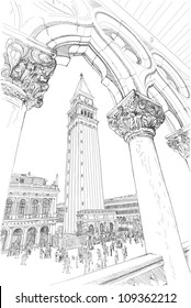 Venice - Piazza San Marco and Kampanila. View from the Doge's Palace. Vector drawing