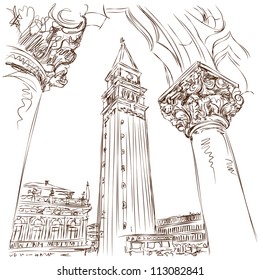 Venecia - Piazza San Marco y Kampanila. Vistas desde el Palacio del Doge. Esbozo vectorial