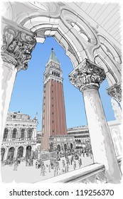 Venice - Piazza San Marco and Kampanila. View from the Doge's Palace. Vector drawing