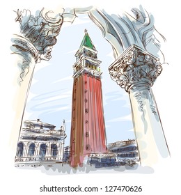 Venecia - Piazza San Marco y Kampanila. Vistas desde el Palacio del Doge. Esbozo vectorial. Eps10