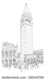 Venecia - Piazza San Marco y Kampanila. Vistas desde el Palacio del Doge. Dibujo de vectores