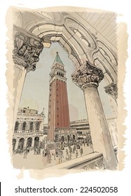 Venecia - Piazza San Marco y Kampanila. Vistas desde el Palacio del Doge. Dibujo de vectores