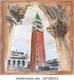 Venecia - Piazza San Marco y Kampanila. Vistas desde el Palacio del Doge. Ilustración vectorial. Eps10