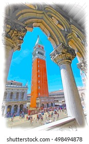 Venice - Piazza San Marco and Kampanila. View from the Doge's Palace. Vector color drawing