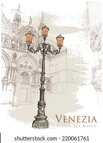 Venice. Piazza San Marco. lantern on St. Mark's Square & corner of the Doge's Palace. Vector illustration. Eps10