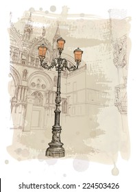 Venecia. Piazza San Marco. linterna en la Plaza de San Marcos. Ilustración vectorial. Eps10