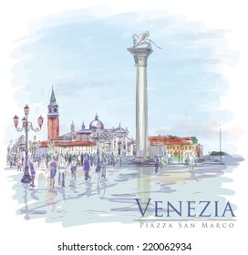 Venecia. Piazza San Marco. Las vistas a la isla de San Giorgio Maggiore Dibujo de vectores. Eps10