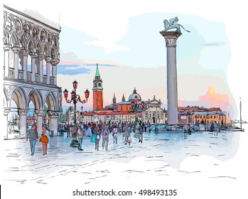 Venice - Piazza San Marco. View from the Doge's Palace & Island of San Giorgio Maggiore. Vector color drawing