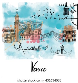 Venice poster. Watercolor vector background of Venice