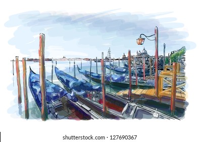 Venecia. Quay Piazza San Marco. Góndolas en el agua. Dibujo de vectores. Eps10