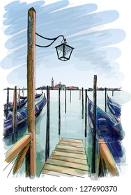 Venecia. Quay Piazza San Marco. Lámpara de la calle y góndolas en el agua. Dibujo de vectores. Eps10