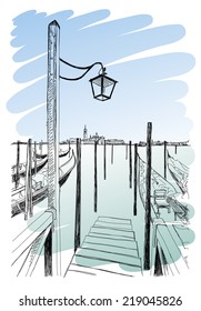 Venecia. Quay Piazza San Marco. Las góndolas en el agua y las vistas a la isla de San Giorgio Maggiore. Dibujo de vectores. Eps10