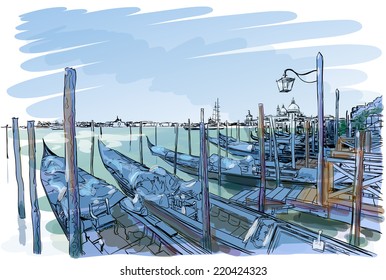 Venecia. Quay Piazza San Marco. Góndolas en el agua.Dibujo vectorial. Eps10