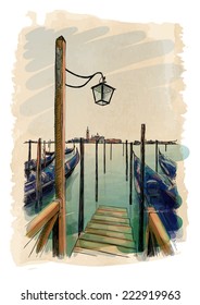 Venice. Quay Piazza San Marco. Gondolas on the water. & the view of the island of San Giorgio Maggiore. Vector drawing. Eps10