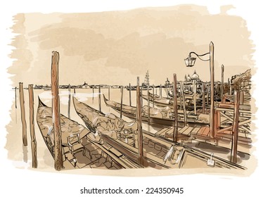 Venecia. Quay Piazza San Marco. Góndolas en el agua. Dibujo de vectores. Eps10