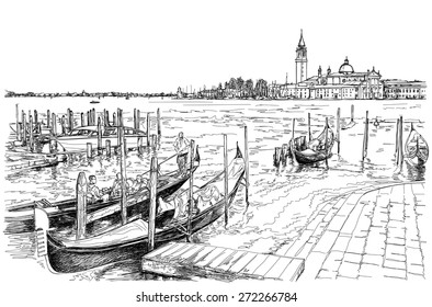 Venecia. Quay Piazza San Marco e Isla de San Giorgio Maggiore. Góndolas en el agua. Dibujo de vectores. Eps10