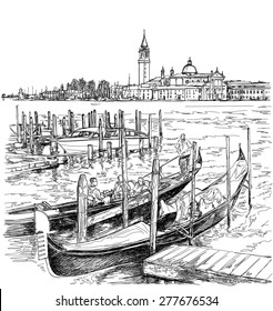 Venecia. Quay Piazza San Marco e Isla de San Giorgio Maggiore. Góndolas en el agua. Dibujo de vectores. Eps10