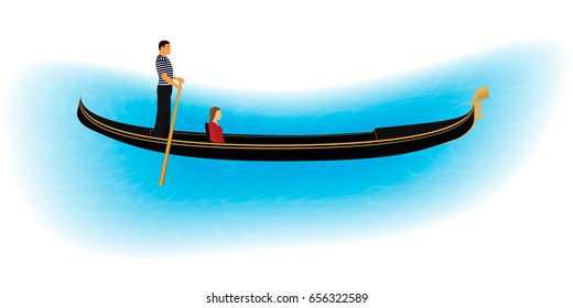 Venice romantic gondolier carries a woman in a gondola. Italian man profession for tourists. Isolated on a white background with part of water. EPS10 vector illustration.
