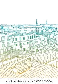Venedig Dächer und Fenster. Urbaner Hintergrund im handgezeichneten Skizzenstil. Schöne Aussicht auf das romantische Venedig, Italien. Ziehung der Tinte. Farbige Vektorgrafik auf weißem Hintergrund