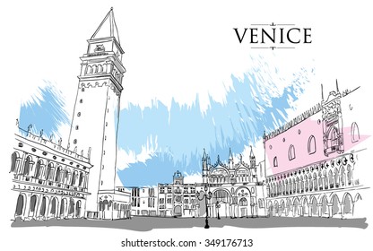 Venice - San Marco Square. Vector drawing freehand vintage illustration