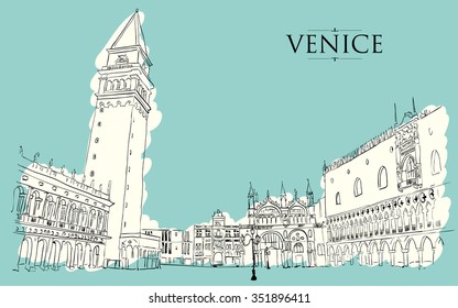 Venice - San Marco Square. Vector drawing freehand vintage illustration