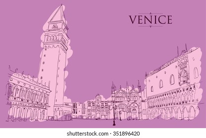 Venice - San Marco Square. Vector drawing freehand vintage illustration