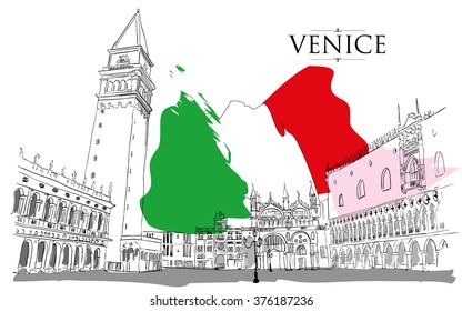 Venice - San Marco Square. Vector drawing freehand vintage illustration