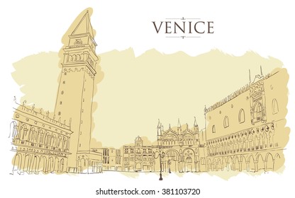 Venice - San Marco Square. Vector drawing freehand vintage illustration