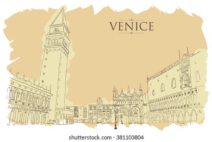 Venice - San Marco Square. Vector drawing freehand vintage illustration