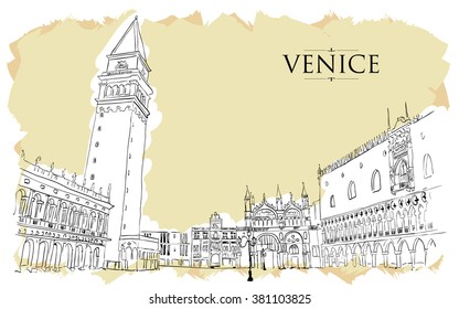 Venice - San Marco Square. Vector drawing freehand vintage illustration