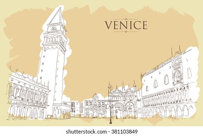 Venice - San Marco Square. Vector drawing freehand vintage illustration