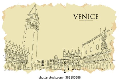 Venice - San Marco Square. Vector drawing freehand vintage illustration