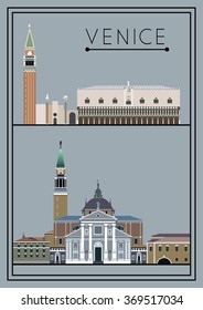 Venice set. Italy. Cathedral of San Giorgio Maggiore. St. Mark's Square (Piazza San Marco). Suitable for invitation, flyer, sticker, poster, banner, card,label, cover, web. Vector illustration.