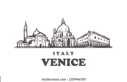 Venice sketch skyline. Venice, Italy hand drawn vector illustration. Isolated on white background. 