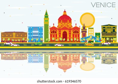 Venice Skyline with Color Buildings, Blue Sky and Reflections. Vector Illustration. Business Travel and Tourism Concept with Historic Architecture. Image for Presentation Banner Placard and Web Site.