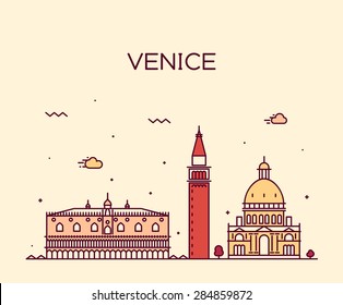 Venice skyline, detailed silhouette. Trendy vector illustration, linear style.