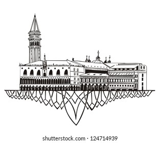 Venice Skyline (Italy). Black and white vector illustration EPS 8.