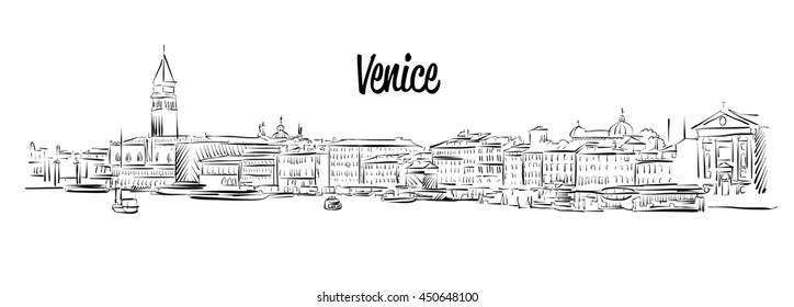 Venice Skyline, Italy, Hand drawn Vector Sketch, Outline Silhouette 