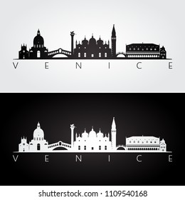 Venice skyline and landmarks silhouette, black and white design, vector illustration.