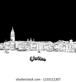 Venice skyline, outline. Vector drawing of skyline, outline, Italy. Black and white illustration concept.