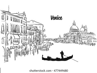 Venice Skyline Panorama, Hand drawn Vector Outline Artwork