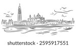 venice skyline vector illustration, black and white cityscape drawing