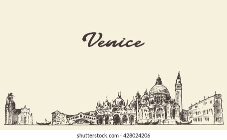 Venice skyline, vintage vector engraved illustration, hand drawn, sketch